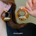 Amber Brown Resin Hoop Earrings With White Tiger Motif view 2