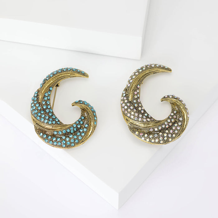Crescent Crystal Brooch In Blue Or Clear Stone Finish