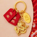 Gold Tone Chinese Dragon Keychains with Red Fortune Message Plaques view 2