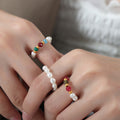 Stretch Pearl Bead Rings Red Green Faceted Stones Gold Accents view 4