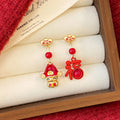Gold Tone Red Fortune Character Mismatched Stud Earrings view 1