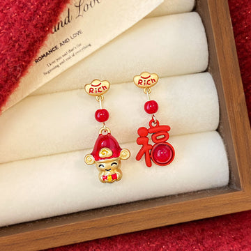 Gold Tone Red Fortune Character Mismatched Stud Earrings
