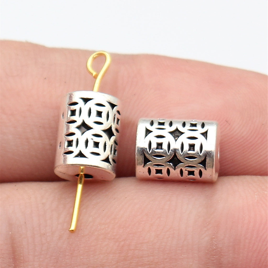 10x7.3x7.3mm 2.3g Antique Silver Zinc Alloy Cylinder Coin Pattern Through Hole Beads for DIY Jewelry Making