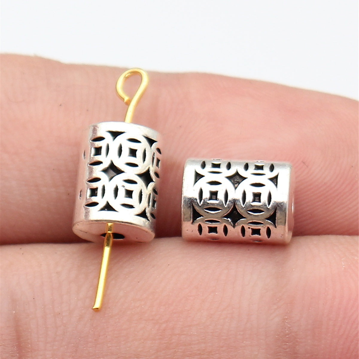 10x7.3x7.3mm 2.3g Antique Silver Zinc Alloy Cylinder Coin Pattern Through Hole Beads for DIY Jewelry Making
