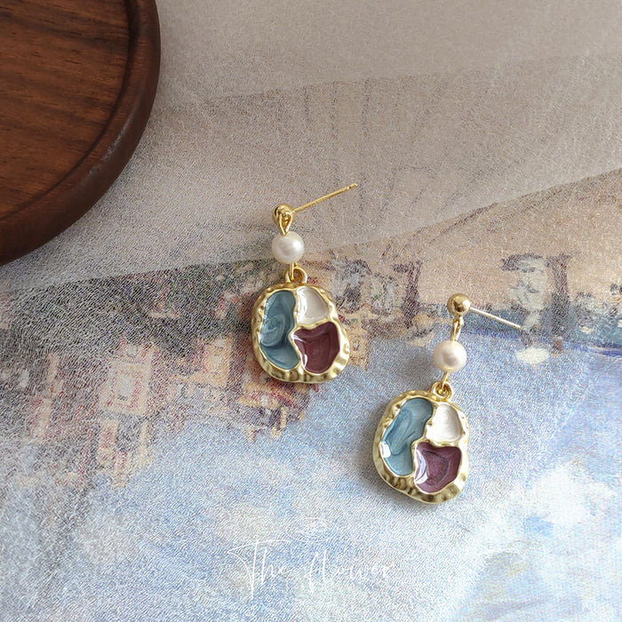 Irregular Colorblock Enamel Drop Earrings Pearl Gold Tone Frame