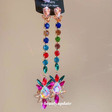 Rainbow Crystal Floral Extra Long Statement Drop Earrings