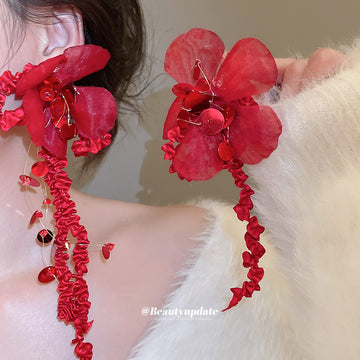 Red Fabric Flower Clip Earrings with Beaded Fringe