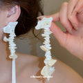 White Shell Chip and Bead Long Earrings Statement Jewelry view 4