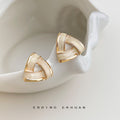 Gold Triangle Stud Earrings Cream Enamel Open Geometric view 4