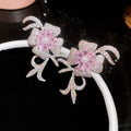 Pink Flower and Crystal Bow Stud Earrings in Two Tones view 7