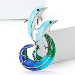 Blue Enamel Twin Dolphin Wave Brooch Silver Tone Metal Pin