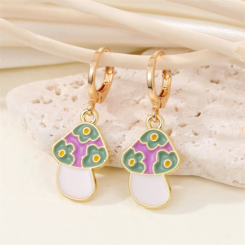 Close-up showing the colors and surface details of gold Tone Enamel Flower Mushroom Huggie Drop Earrings in Six Colors