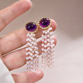Purple and Blue Gray Cabochon Pearl Tassel Drop Earrings view 6