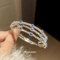 Silver Triple Row Open Cuff Bangle Blue Clear Stones view 4