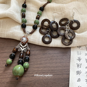 Coconut Shell Ring Drop Earrings Bead Tassel Necklace