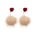 Red Heart and Faux Fur Pom Pom Drop Earrings Statement Fashion Jewelry view 5