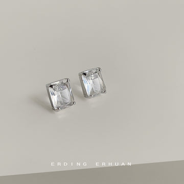 Clear Rectangular Glass Crystal Stud Earrings Silver