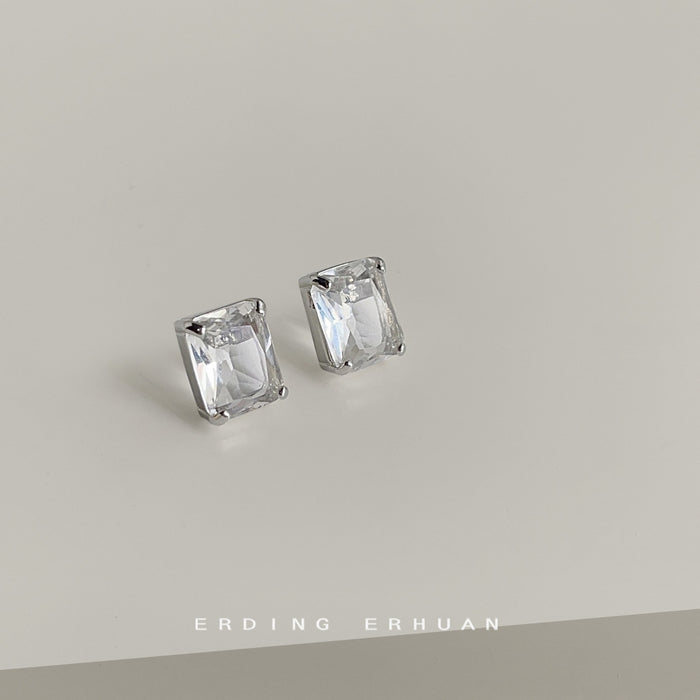Clear Rectangular Glass Crystal Stud Earrings Silver
