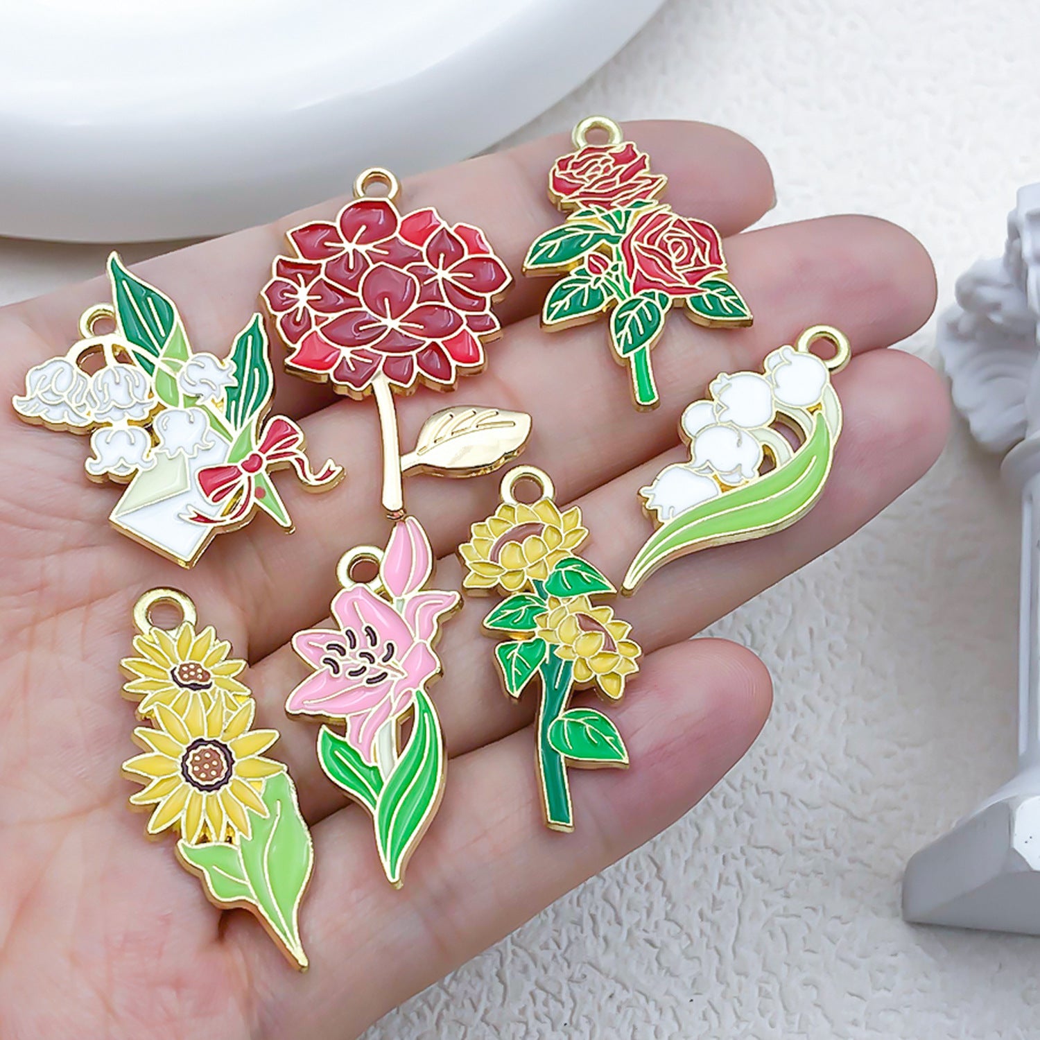 Zinc Alloy Sunflower Lily Rose Bouquet Enamel Charm Pendant for DIY Keychain Necklace