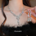 Pearl Rhinestone Flower Necklace Earring Set Silver view 2