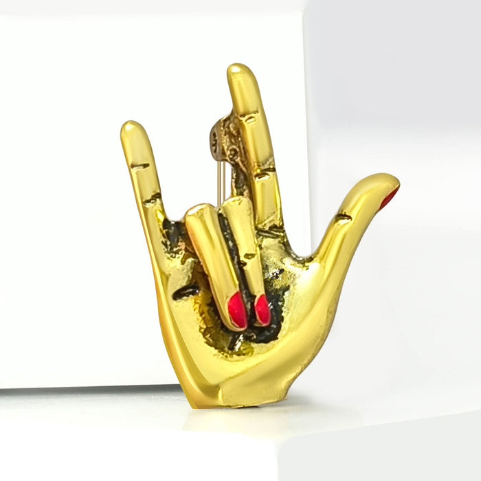 Gold Tone I Love You Hand Sign Brooch With Red Fingernails