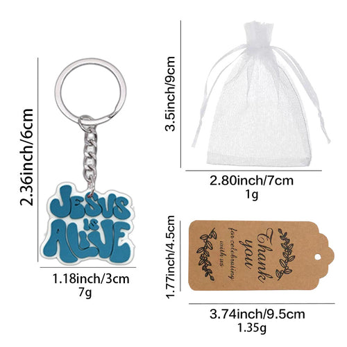 Size chart for Jesus Is Alive acrylic keychain bag and tag