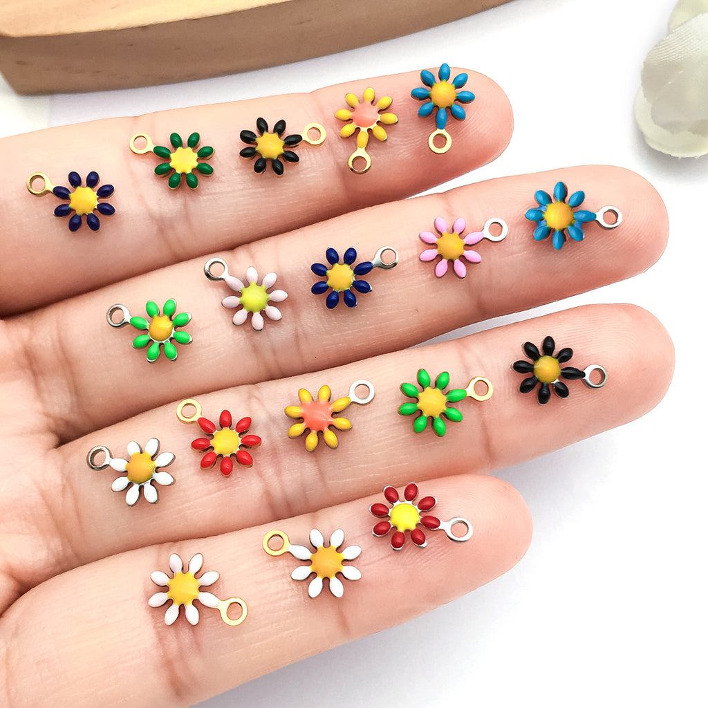 Gold Tone Enamel Stainless Steel Daisy Flower Double Sided Charm Pendant for DIY Bracelet Keychain