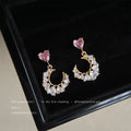 Gold Pink Heart Stud Crescent Clear Crystal Drop Earrings view 1