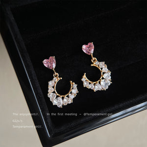 Gold Pink Heart Stud Crescent Clear Crystal Drop Earrings