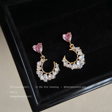 Gold Pink Heart Stud Crescent Clear Crystal Drop Earrings