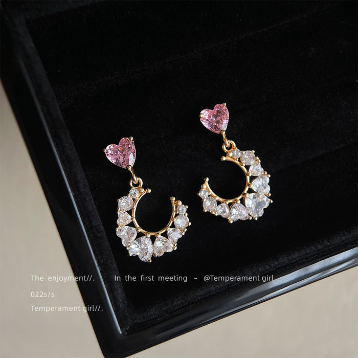 Gold Pink Heart Stud Crescent Clear Crystal Drop Earrings