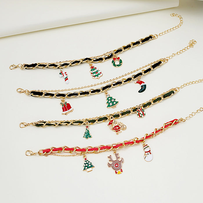 Six Christmas Charm Ribbon Woven Gold Chain Bracelets