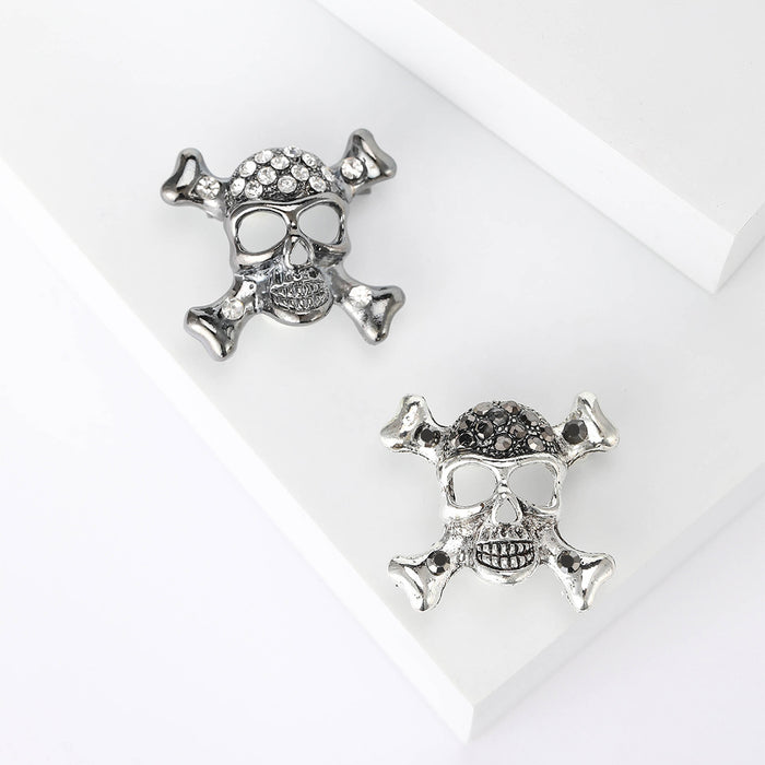 Skull Crossbones Rhinestone Brooch Black Silver Punk Pin