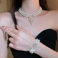 Pearl Necklace Bracelet Earring Set Rhinestone Two Tones view 3