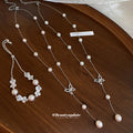 Silver Pearl Butterfly Y Necklaces And Bow Slider Bracelet view 3