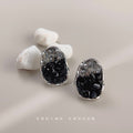 Silver Black Clear Crystal Glass Irregular Oval Stud Earrings view 1