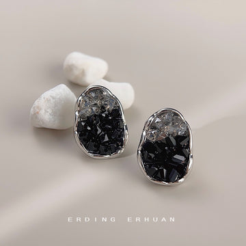 Silver Black Clear Crystal Glass Irregular Oval Stud Earrings