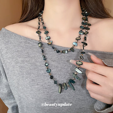 Blue Gray Shell Chip Crystal Long Layered Bead Necklace