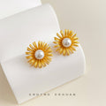 Gold Tone Radiating Petal White Pearl Sunflower Stud Earrings view 4