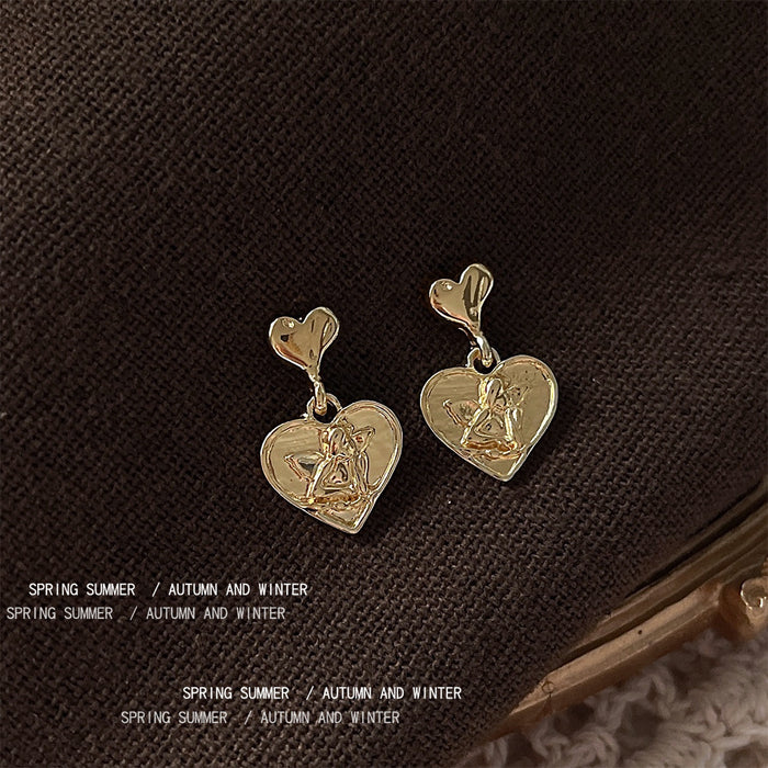 Gold Tone Embossed Cupid Heart Drop Earrings Stud Posts