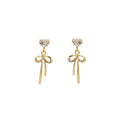 Gold Heart Crystal Stud Bow Drop Earrings with Rhinestones view 5