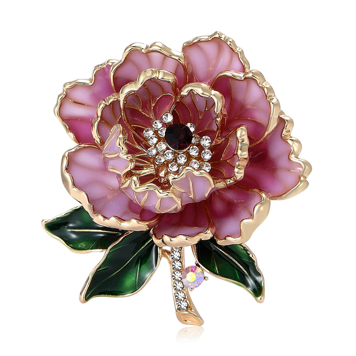 Enamel Peony Flower Brooch In Purple And Coral Pink