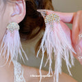 Pink and White Feather Crystal Tassel Stud Earrings view 1