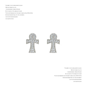 Silver-Tone Clear Pave Crystal Ankh Cross Stud Earrings