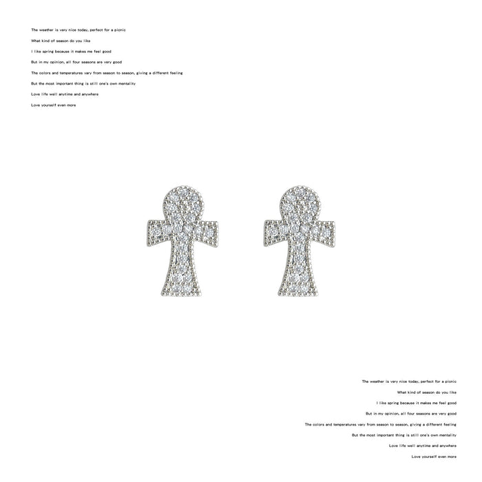 Silver-Tone Pavé Clear Crystal Ankh Cross Stud Earrings