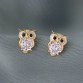 Clear Round Stone Owl Stud Earrings In Polished Gold Tone view 4