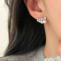 Pair of Metal Tone Pearl Cluster Stud Earrings with Crystal Leaves view 2