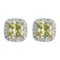 Silver Tone Pale Yellow Cushion Stone Clear Halo Stud Earrings view 5