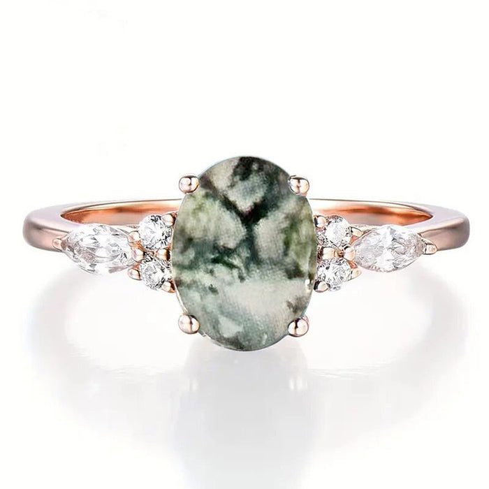 Rose Gold Oval Moss Agate Marquise Side Ring Sizes 6-10