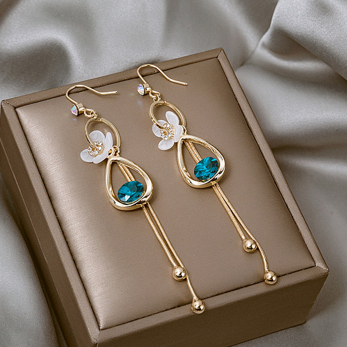 Blue Teardrop White Flower Gold Tone Extra Long Hook Earrings